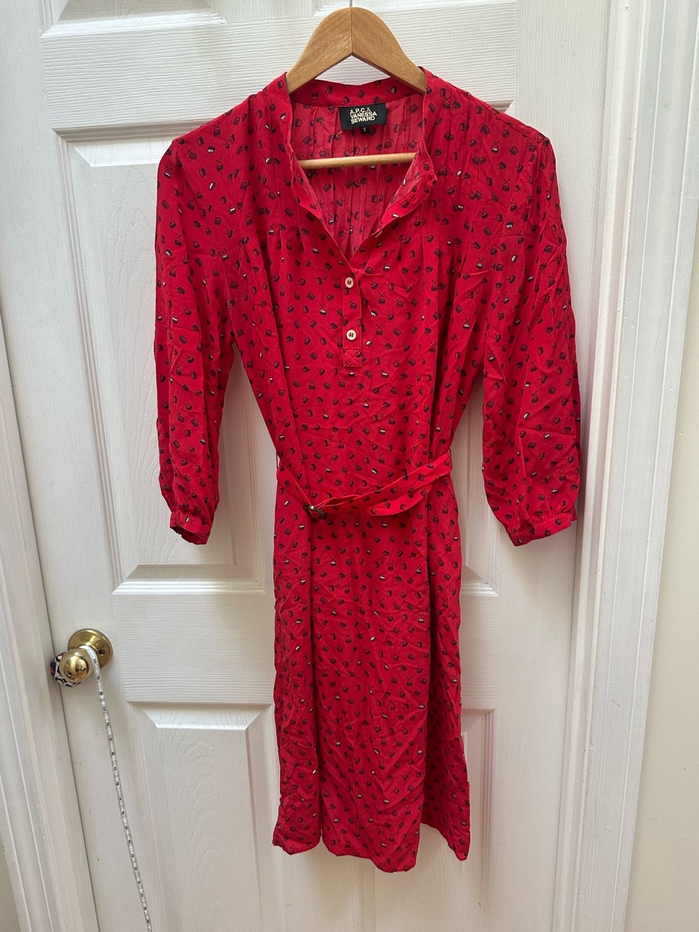 APC Vanessa Seward Red Shirt Dress Tie Belt silk drums s small